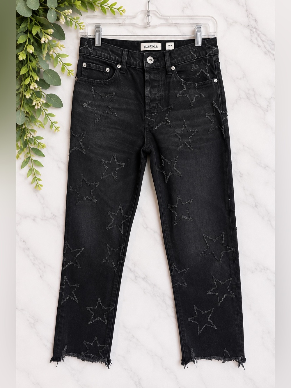 Pistola Black Distressed Star Jeans Size 27 Raw Hem Cropped Straight Leg